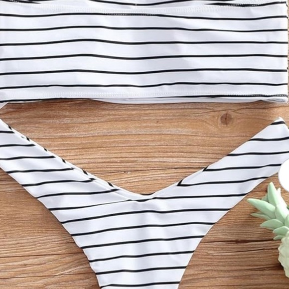 Zaful white/ Black Striped Bandeau High cut Cheeky Bikini   Size M - Picture 11 of 14